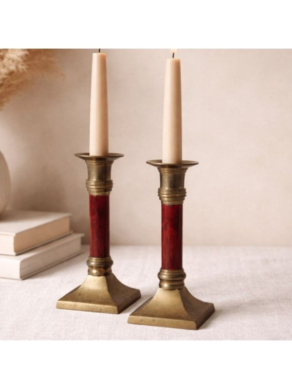 Vintage Brass Burgundy Wood Candlesticks Pair Mid Century Column Candle Holders